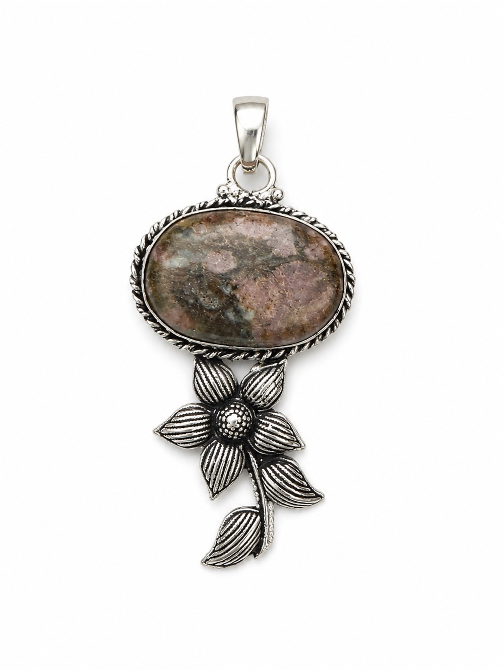 Silver Floral Pendant Necklace with Oval Stone - Pink Brown